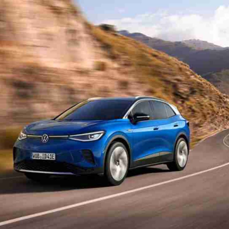 Image shows the 2021 Volkswagen ID.4 in motion from front three-quarter view. 