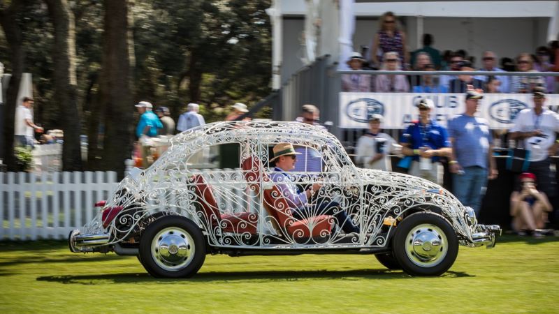 The 1969 Volkswagen Beetle Wedding Car, with wrought iron body, drives by the stands at the 2019 Amelia Island Concours d’ Elegance