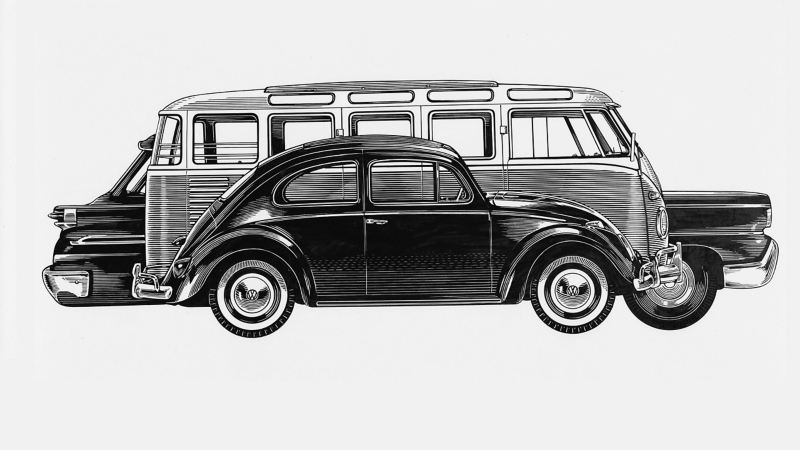 El dibujo representa un Volkswagen Beetle delante de un Volkswagen Bus, delante de otro auto de la misma época. 