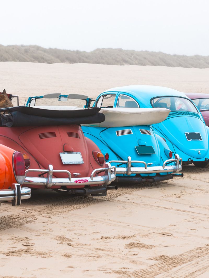 Vehículos Volkswagen vintage alineados en la playa