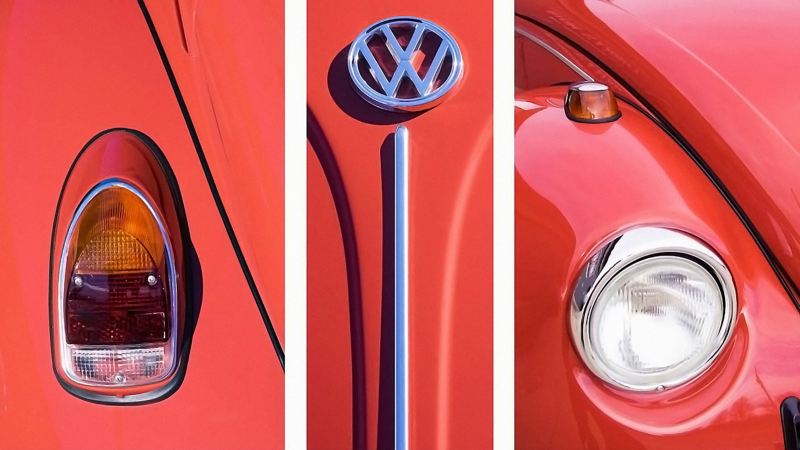 Detail images of a restored 1968 Volkswagen Beetle. 