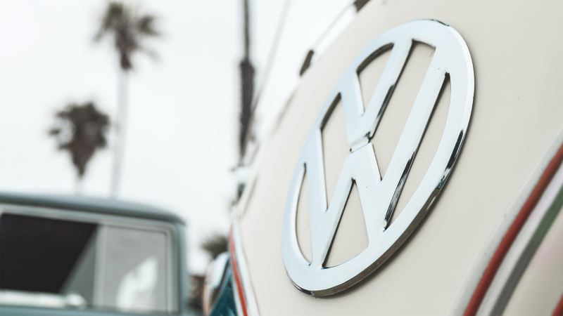 Close up of Volkswagen logo on vintage bus