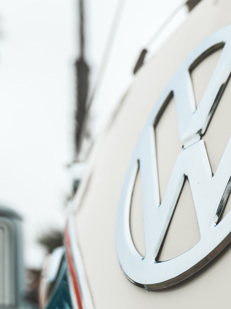 Close up of Volkswagen logo on vintage bus