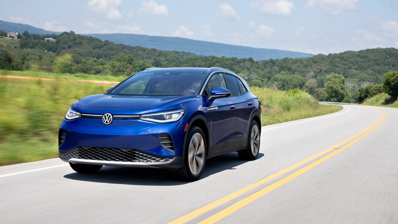 The Volkswagen ID.4 EV in Dusk Blue Metallic.