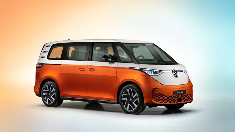 The Volkswagen ID. Buzz in Energetic Orange and Candy White. 