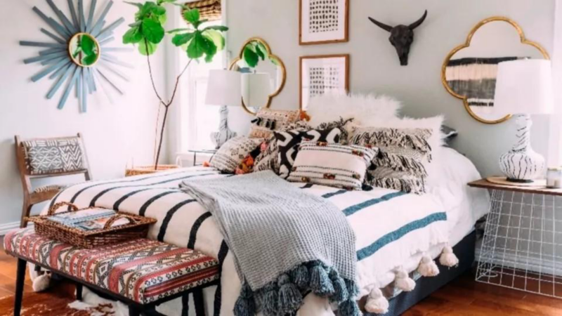 A bedroom filled with upcycled items.