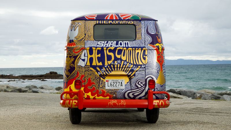 A replica of the 1963 Type 3 Microbus painted for the original Woodstock, and lovingly hand-painted for the 50th anniversary of the iconic festival.