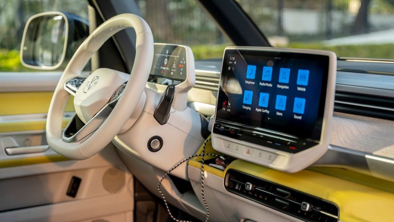 The interior view of the steering and infotainment system of the Volkswagen ID. Buzz. 