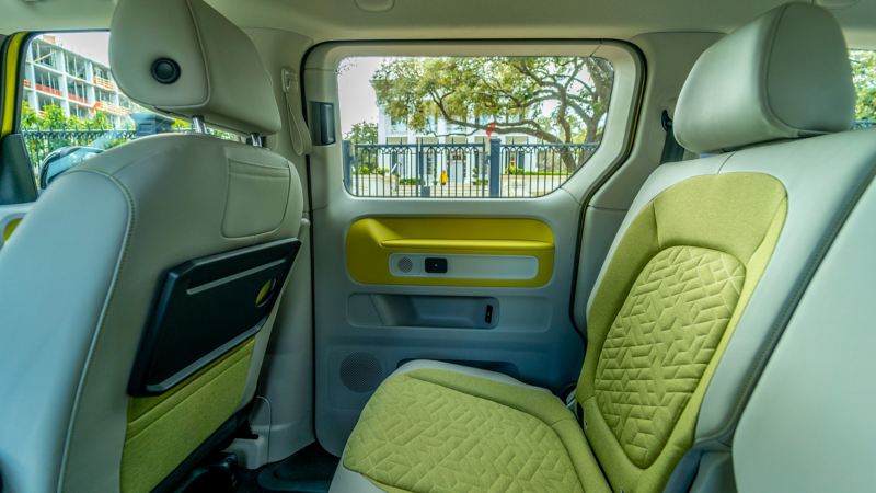 The interior view of the back seat in the Volkswagen ID. Buzz. 