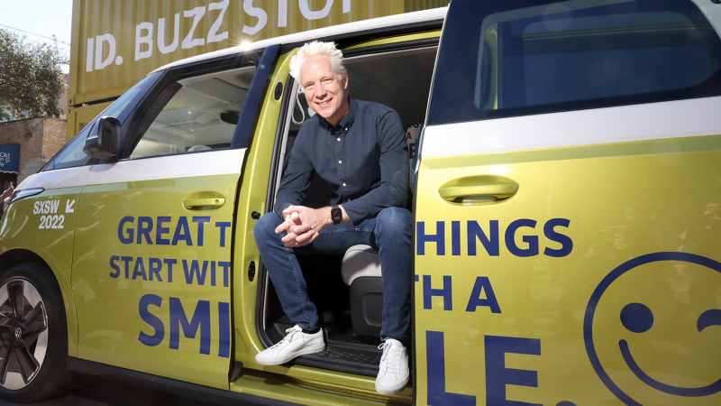 Scott Keogh, President and CEO of Volkswagen Group of America with the Volkswagen ID. Buzz. 