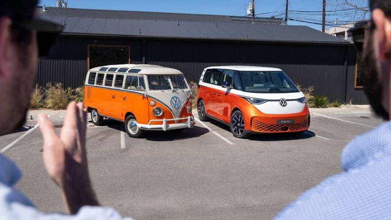 The Volkswagen Type 2 Microbus (left) and the Volkswagen ID. Buzz (right).