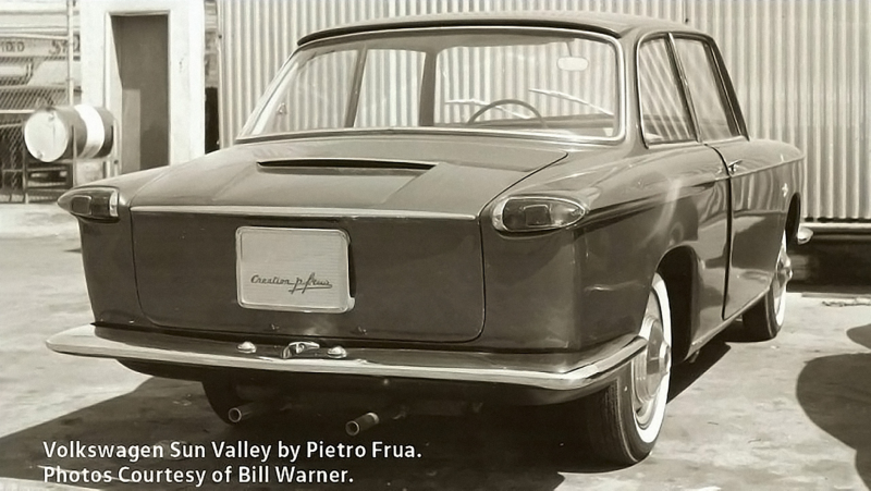 El Volkswagen Sun Valley, un prototipo de sedán basado en el Tipo 1, diseñado en 1960 por Pietro Frua. Ángulos delantero y trasero 3/4. 