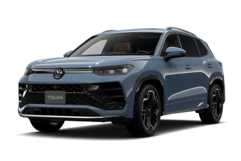 Vista frontal de un Tiguan en color Monterey Blue Pearl.