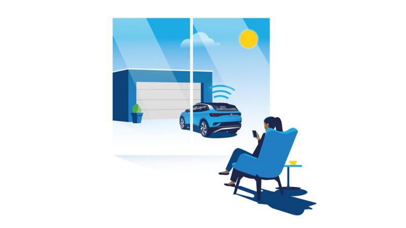 Illustration of a woman sitting in a chair wirelessly connecting with her VW using her cellphone.