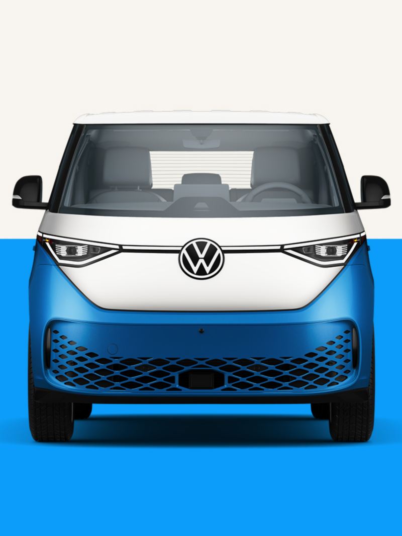 An image showing a front view of the ID. Buzz in Cabana Blue Metallic over a two-tone white and blue background.
