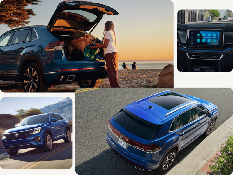 A collage of photos of the Atlas Cross Sport in Mountain Lake Blue including exterior photos and interior images showing the center display and people using the cargo area.