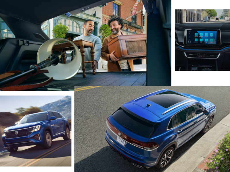 A collage of photos of the Atlas Cross Sport in Mountain Lake Blue including exterior photos and interior images showing the center display and people using the cargo area.