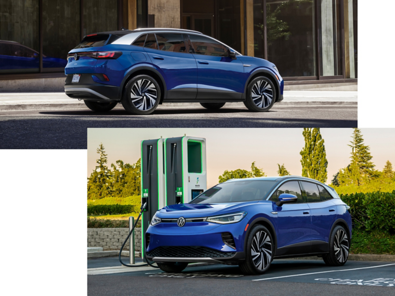 Collage of two images of an ID.4 shown in Mountain Lake Blue Metallic with one image showing the rear of the SUV and the second image showing the ID.4 parked near an EV charging station. 