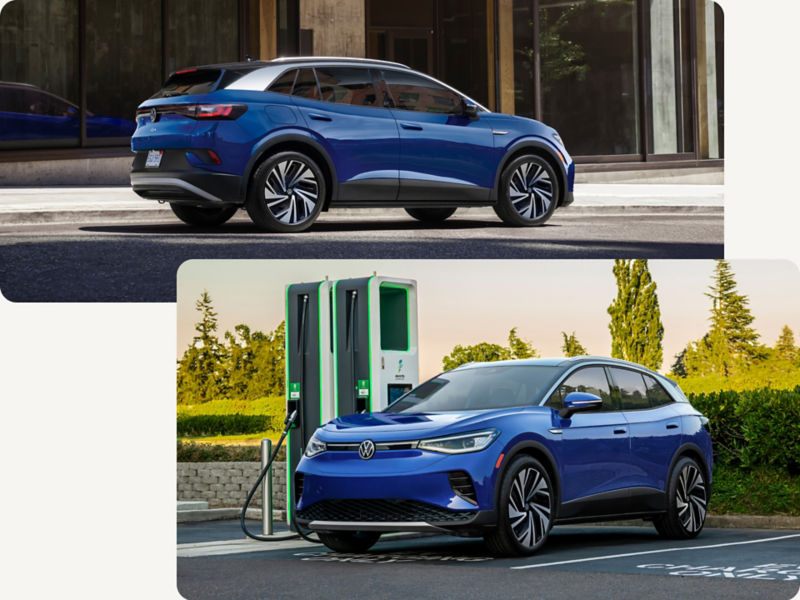 Collage of two images of an ID.4 shown in Mountain Lake Blue Metallic with one image showing the rear of the SUV and the second image showing the ID.4 parked near an EV charging station. 