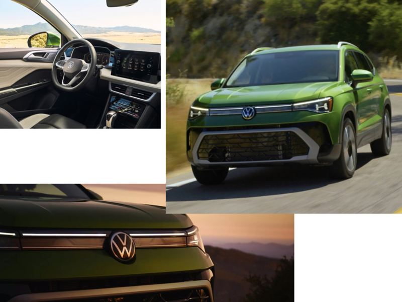Collage of images showing a Taos in Bright Moss Green with a close up view of the available illuminate grille and an interior view looking at the steering wheel with mountains in the background.