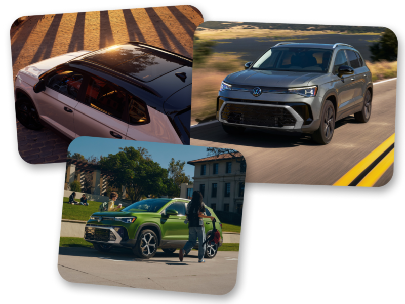 Collage of  three images with one showing an overhead view of a Taos shown in Pure White, one of a front angle of a Taos shown in Platinum Gray Metallic driving on a mountain road and also an image of two people entering a parked Taos shown in Bright Moss Green.