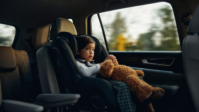 A child holding a teddy bear toy sits in a parked Atlas with trees visible outside the vehicle.