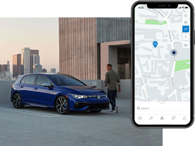 Person walking toward a Golf R shown in Lapiz Blue Metallic parked on a rooftop parking lot. The MyVW app is displayed on a superimposed mobile phone.
