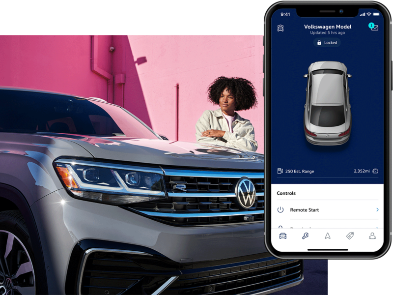 A woman stands next to an Atlas Cross Sport, shown parked in Pure Gray. To the right, the MyVW app interface is displayed on a compatible phone.