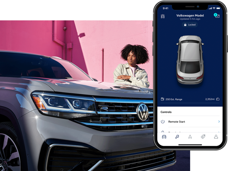 A woman stands next to an Atlas Cross Sport, shown parked in Pure Gray. To the right, the MyVW app interface is displayed on a compatible phone.
