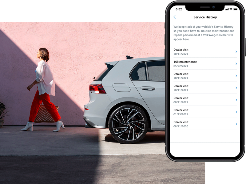 Golf GTI in Pure Gray parked in a parking garage with two people walking away from the car. Color adds an additional $395 to price of car. The MyVW app is displayed on a superimposed mobile phone.