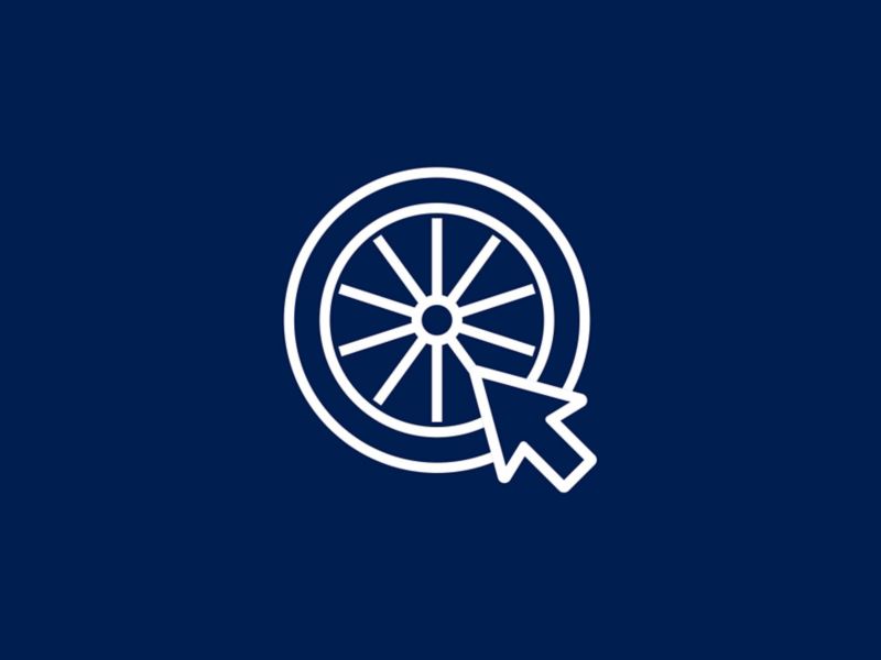 Un ícono blanco de una rueda animada con una pequeña flecha apuntando al centro.
