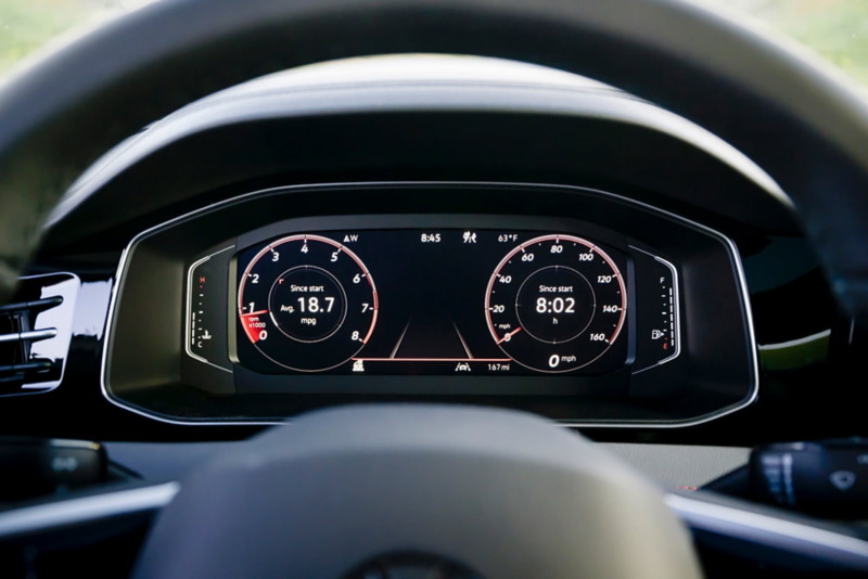 Close up view of the VW Digital Cockpit Pro display seen through the steering wheel in a Jetta GLI.  