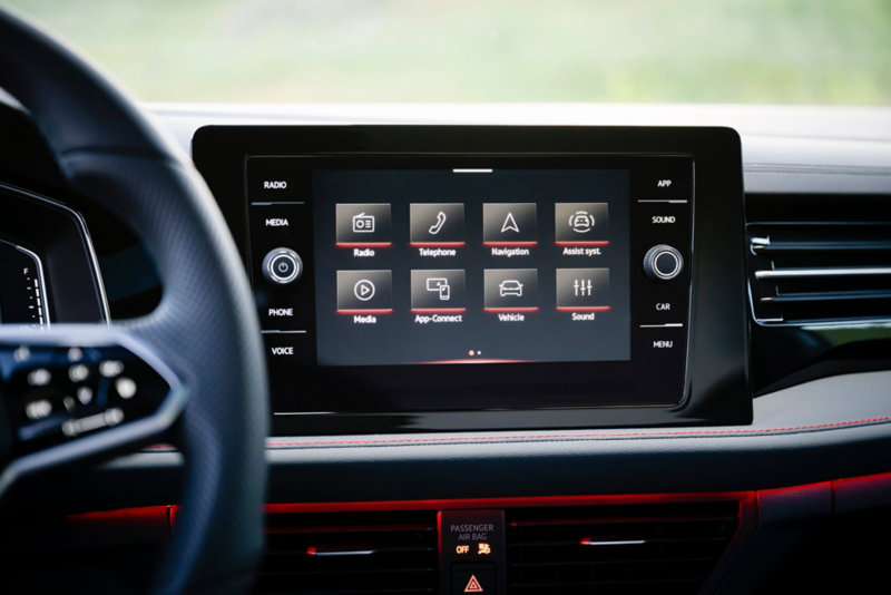 Close up of the center touchscreen infotainment display in a Jetta GLI. 
