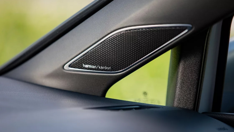 Close up view of a tweeter speaker in a Golf R.
