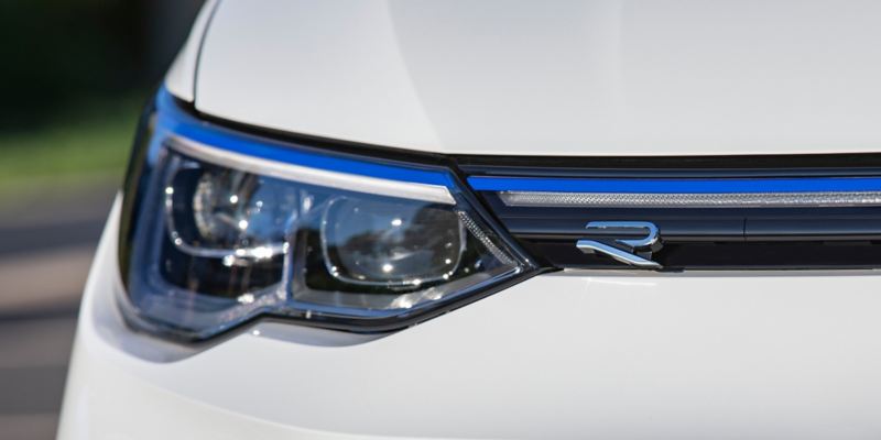 LED headlights with LED Daytime Running Lights on Golf R shown in Pure White.