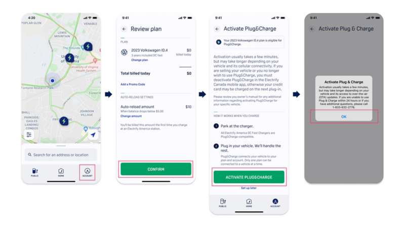 Four Electrify America app screens showing the steps to activate Plug&Charge if the app is not already downloaded.