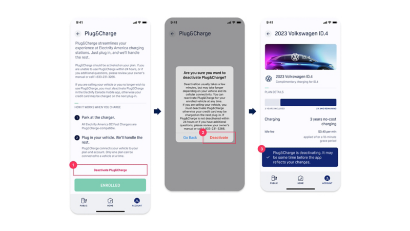 Three Electrify America app screens showing the steps to deactivate Plug&Charge.