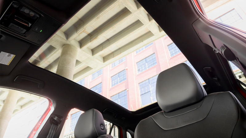 A view from the inside of an ID.4 of the available panoramic fixed glass roof.
