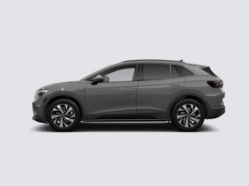 Profile view of an ID.4 EV shown in Pure Gray parked on a gray background.