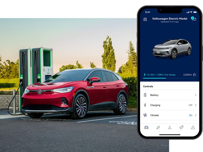 A parked ID.4 in Aurora Red Metallic on a charging station. The MyVW app is displayed on a superimposed mobile phone.