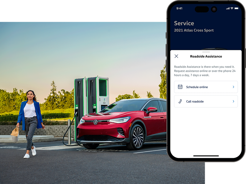 Woman walking away from an ID.4 SUV shown in Aurora Red Metallic plugged into a public charging station. The MyVW app is displayed on a superimposed mobile phone.
