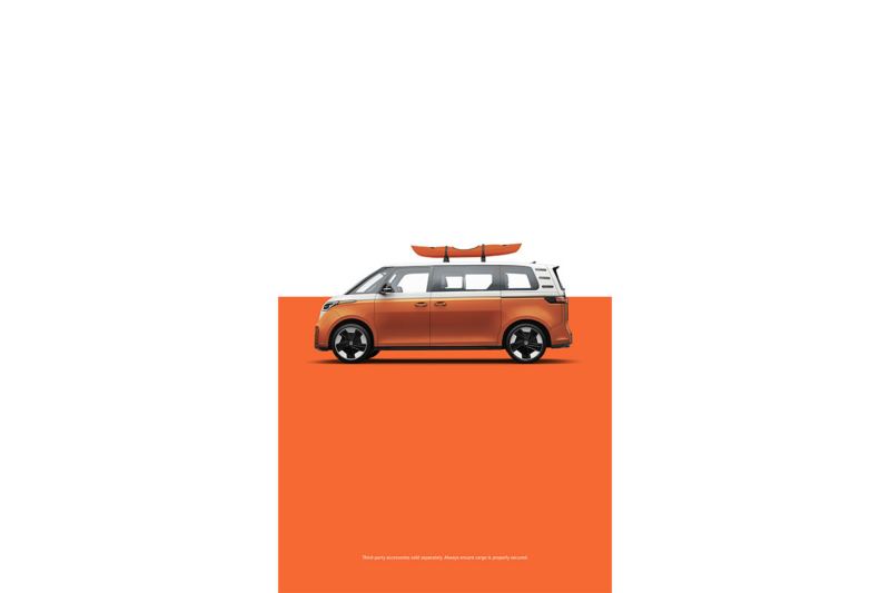 A side view of the ID. Buzz in Energetic Orange Metallic with a kayak attached to the roof rack in front of a two-tone white and orange background. 