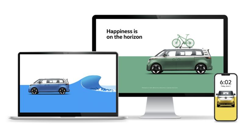 An image of a laptop, computer and phone. The laptop screen displays an image of a blue plunging wave with a side view of the ID. Buzz in Cabana Blue Metallic parked in front. The computer screen displays an image of the ID. Buzz in Mahi Green Metallic with a bike attached to the roof rack. It’s parked in front of a two-tone white and green background with the words “Happiness is on the horizon” above the vehicle. The phone displays a front view of the ID. Buzz in Pomelo Yellow Metallic in front of a two-tone white and yellow background.