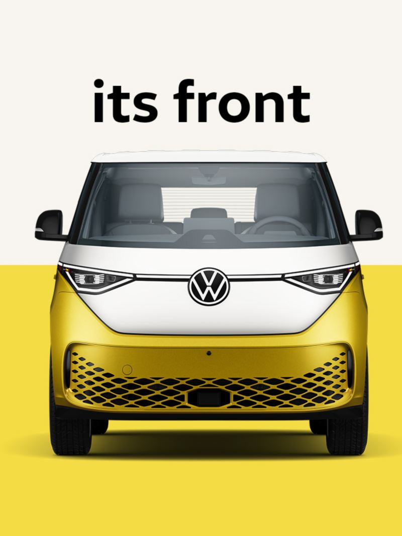 An image showing a front view of the ID. Buzz in Pomelo Yellow Metallic in front of a two-tone white and yellow background. The words “Its front” are displayed above the vehicle.
