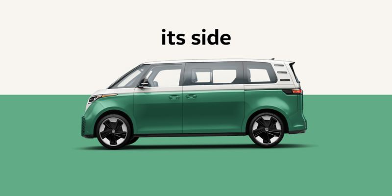 An image showing a side view of the ID. Buzz in Mahi Green Metallic in front of a two-tone white and green background. The words “Its side” are displayed above the vehicle.