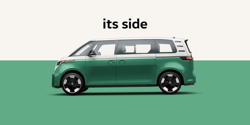 ID. Buzz coming to Findlay Volkswagen Henderson - Its side Mahi Green Metallic in front of a two-tone white and green background. The words “Its side” are displayed above the vehicle.