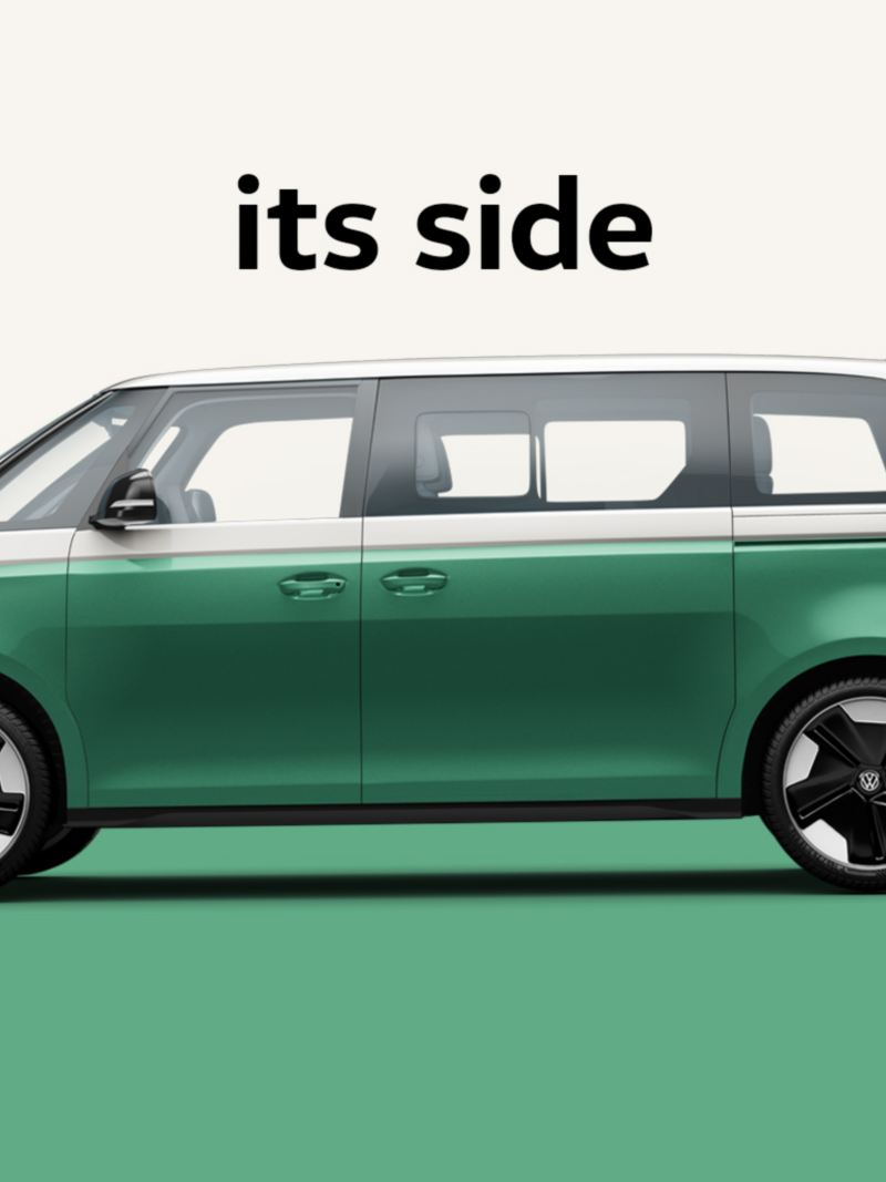 An image showing a side view of the ID. Buzz in Mahi Green Metallic in front of a two-tone white and green background. The words “Its side” are displayed above the vehicle.