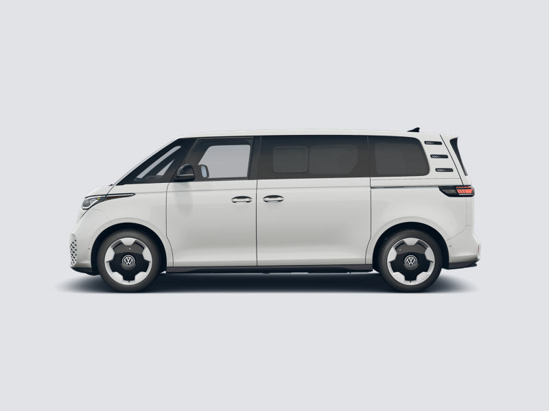 Profile view of an ID. Buzz EV shown in Candy White parked on a gray background.