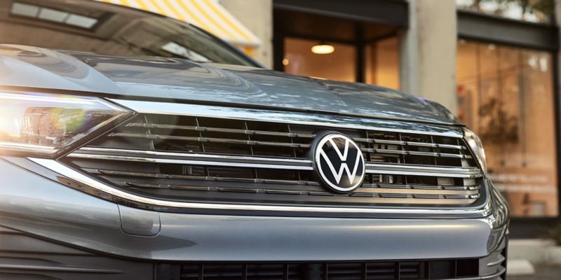 Close up of grille on a Jetta shown in Platinum Gray Metallic