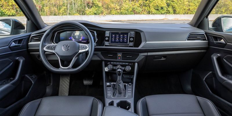 Interior dash view of a Jetta in available Titan Black leatherette.